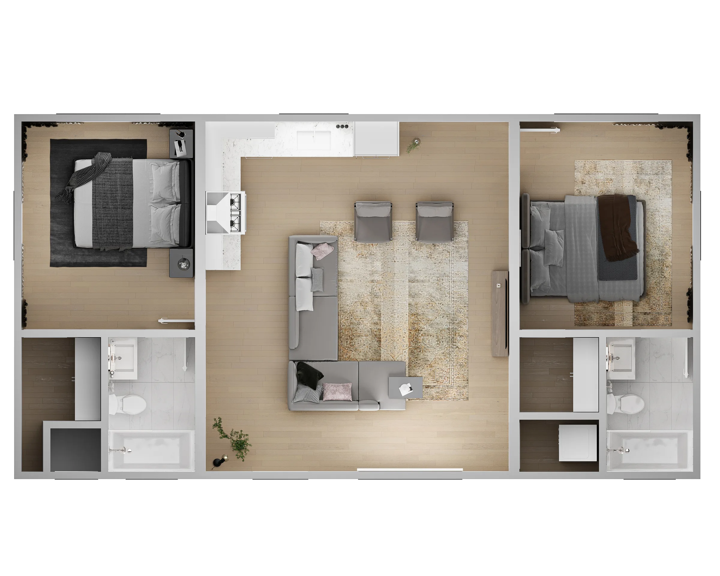 Bellecielo ADU floor plan — 3D top-down cutaway of the two-bedroom layout