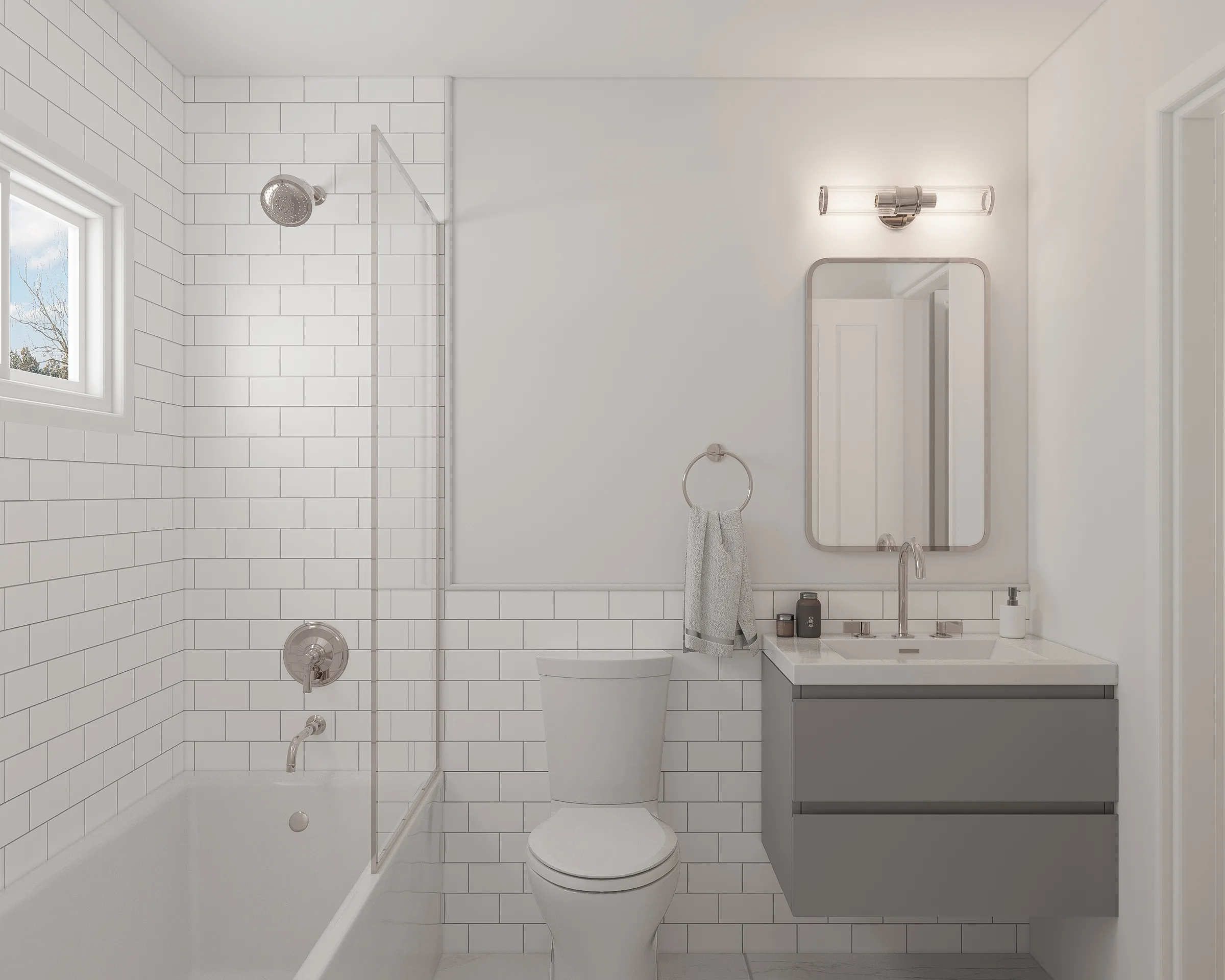 Bellecielo bath — subway tile, tub-shower combo, vanity