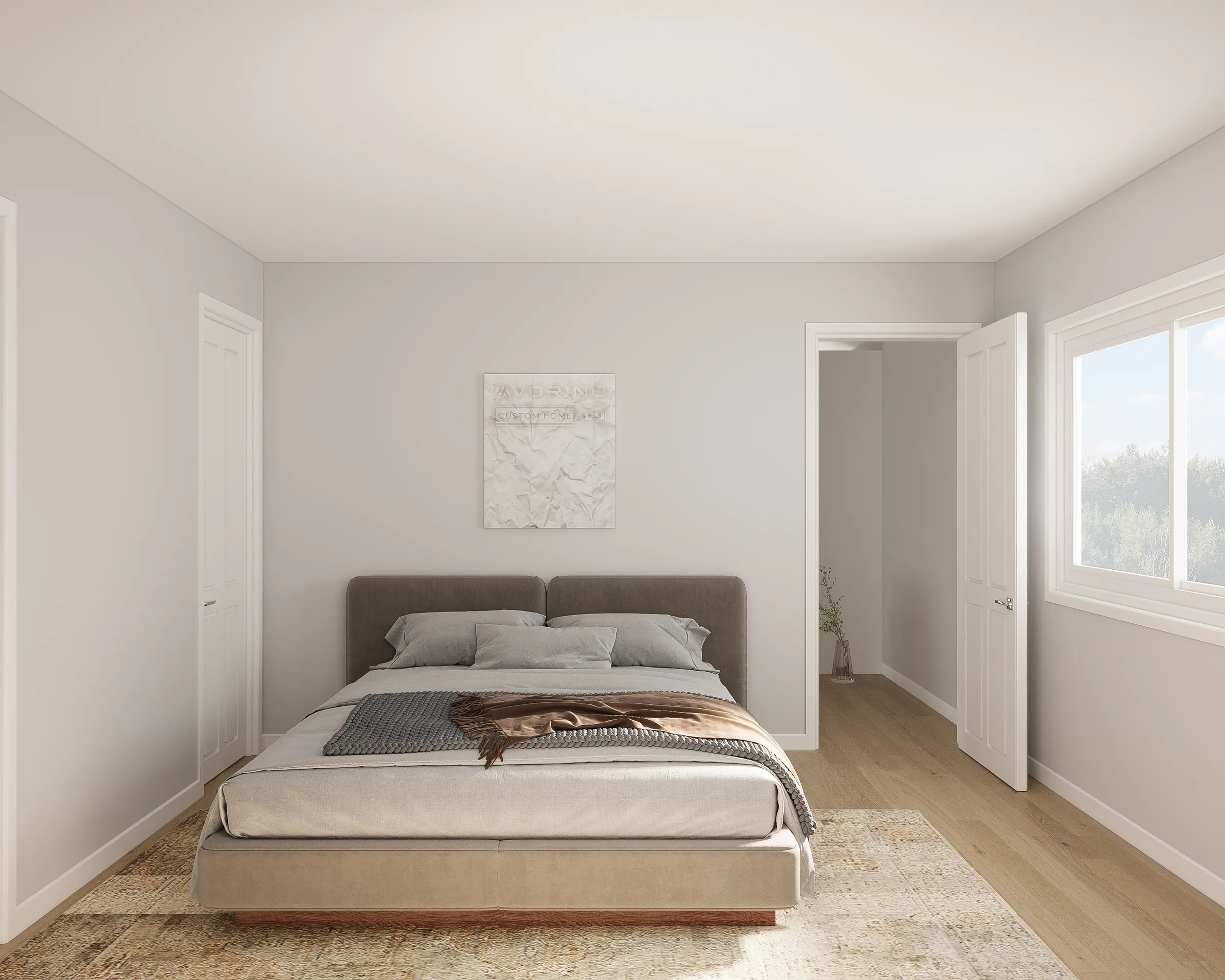Bellecielo bedroom — wide layout, garden-view windows