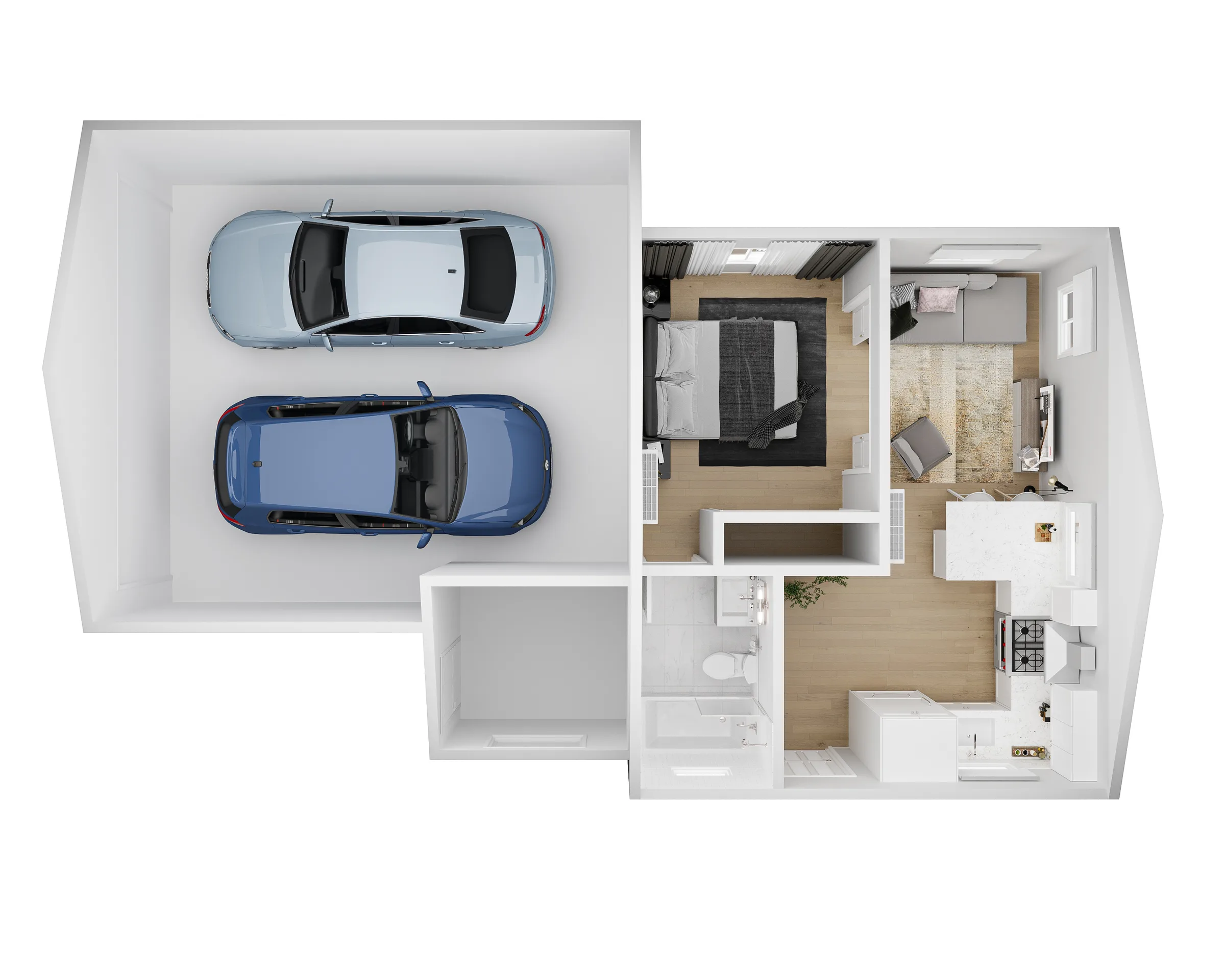 Casielo ADU floor plan — 3D top-down cutaway with attached two-car garage