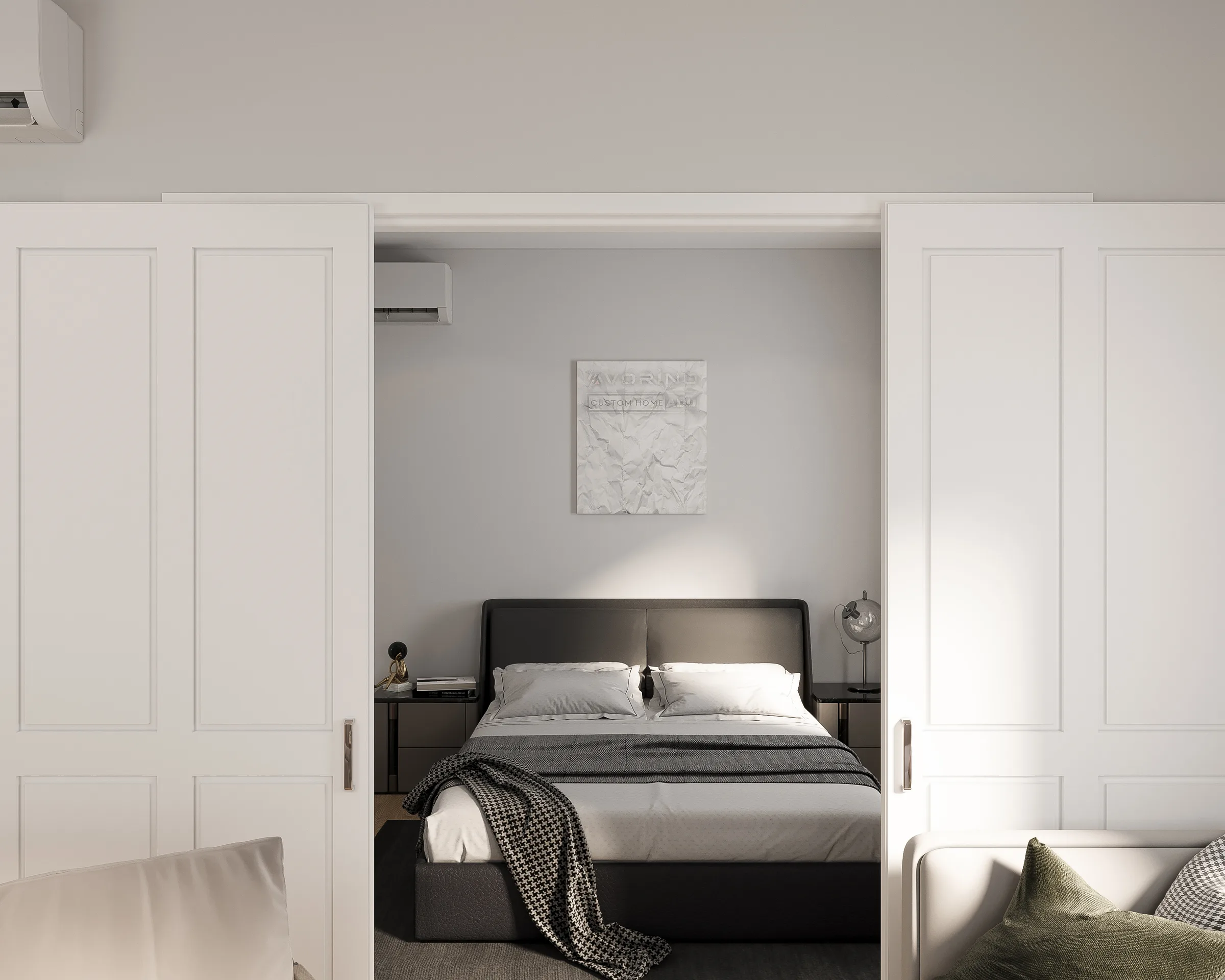 Casielo bedroom — pocket doors open to the kitchen-living core