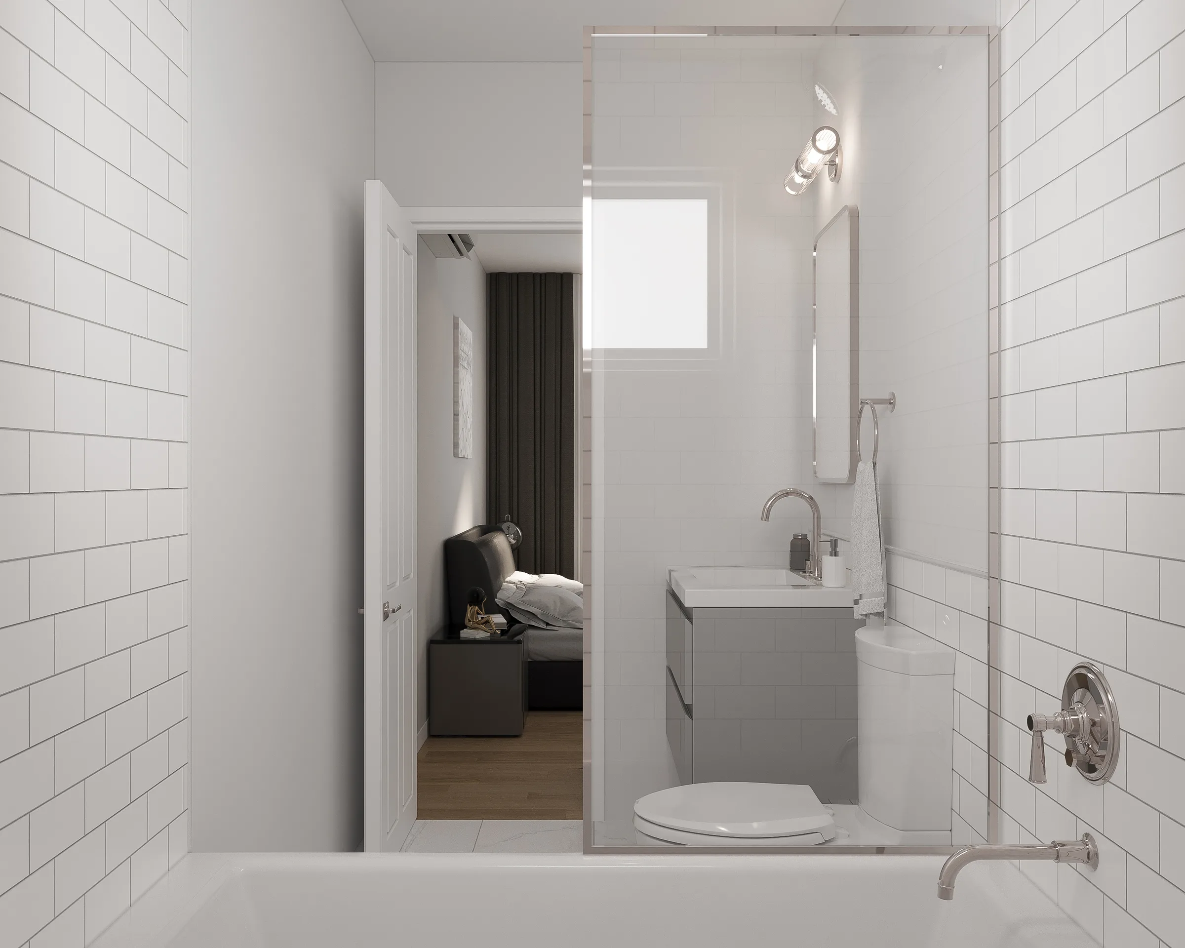 Casielo bath — subway tile walk-in shower with floating vanity