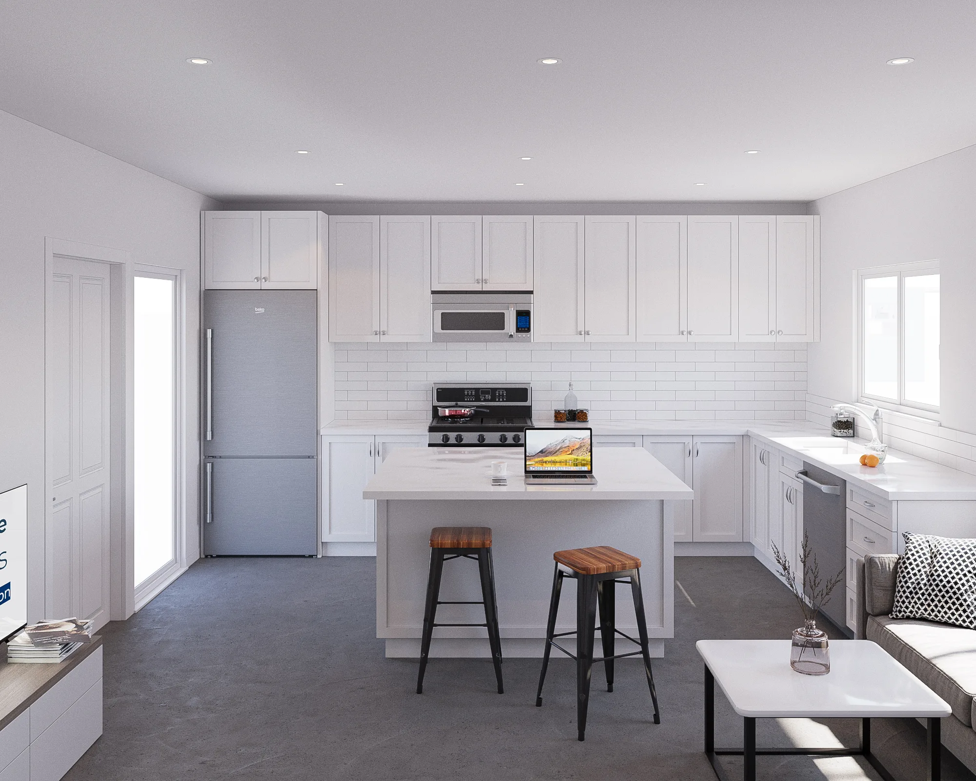 Elega kitchen — full galley with island, white shaker, subway tile