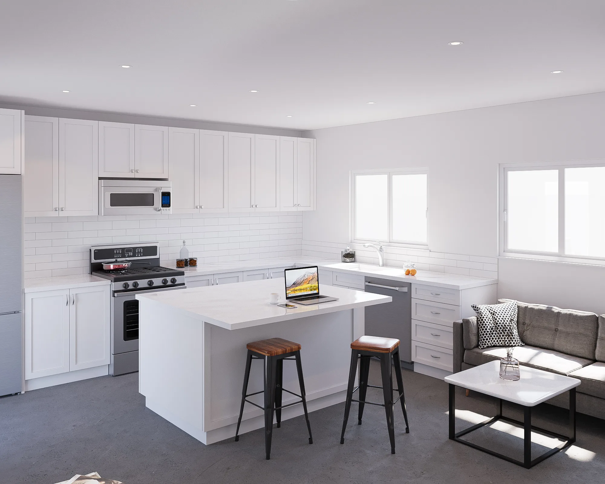 Elega living — open-plan kitchen-living with island and sofa
