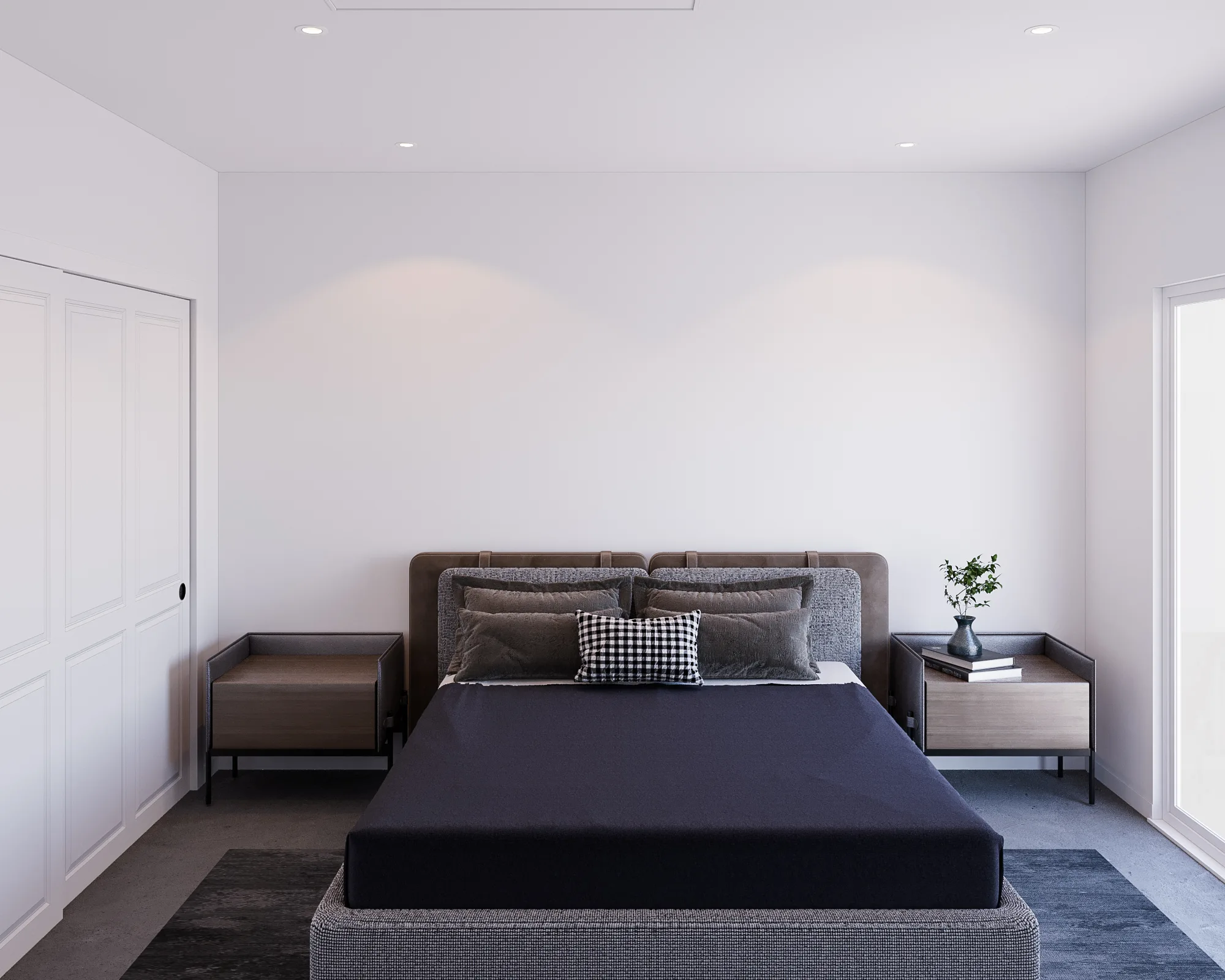 Elega bedroom — primary bed with twin nightstands and natural light