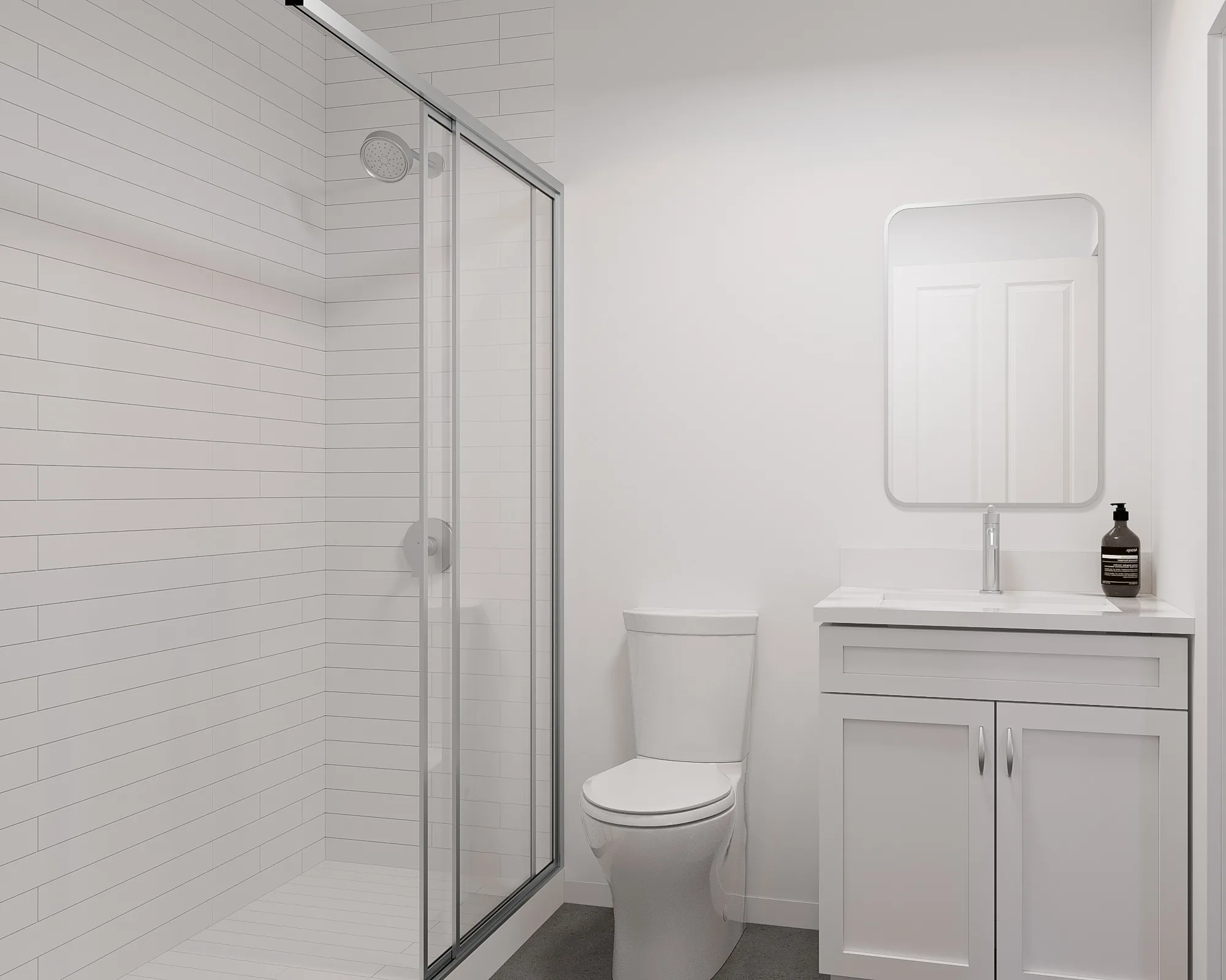 Elega bath — walk-in glass shower, floating vanity, subway tile
