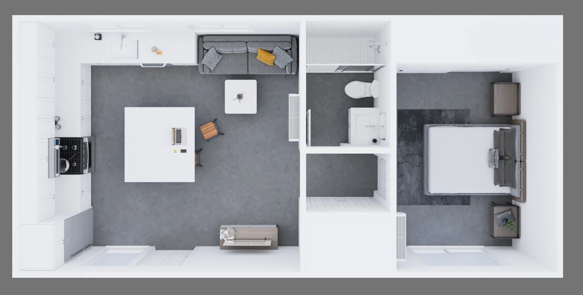 Elega ADU floor plan — 3D top-down cutaway of the one-bedroom layout