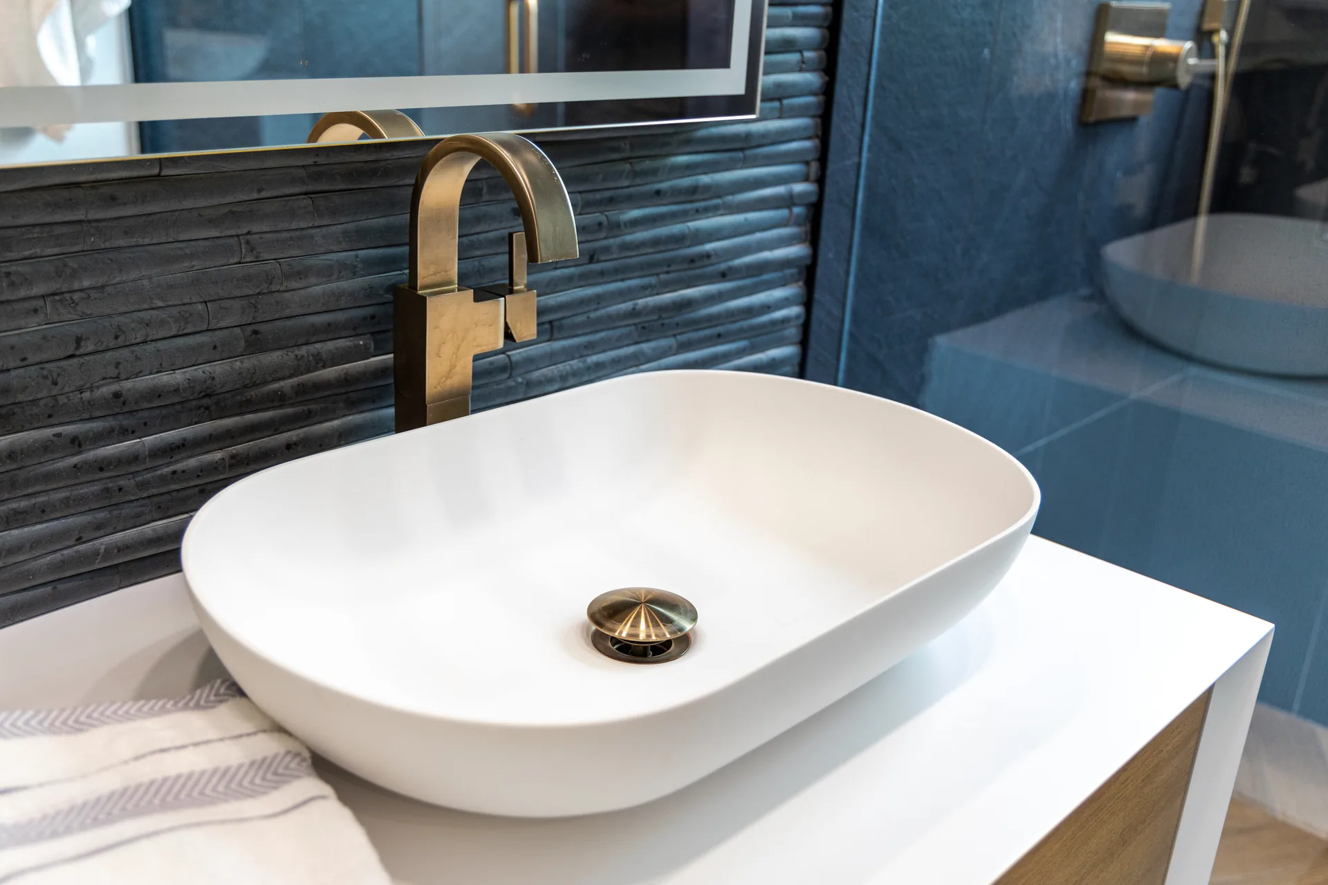 Whole-home remodel — bath, vessel sink with brass faucet, Orange, Avorino