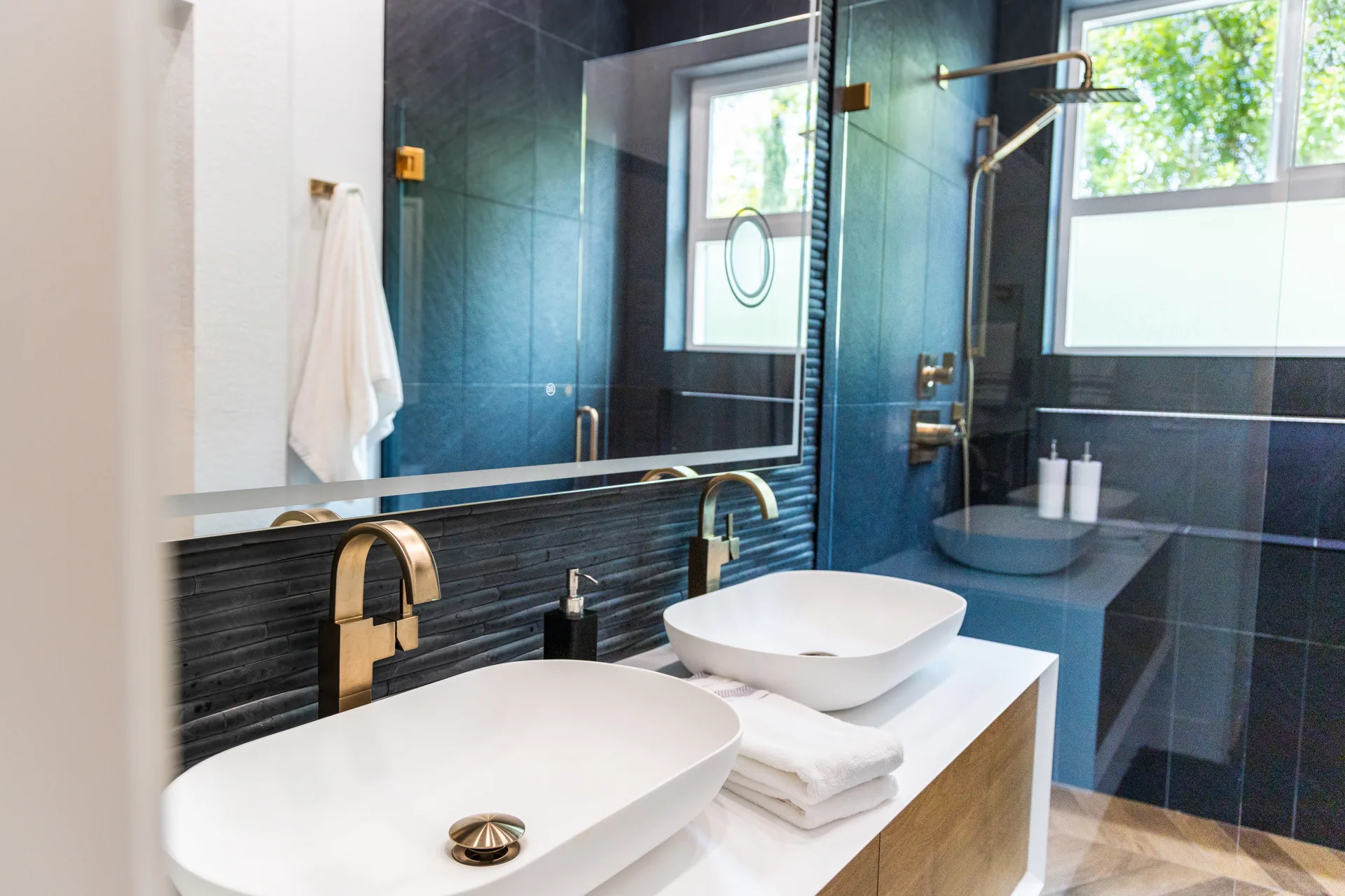 Whole-home remodel — double vanity and glass shower, Orange, Avorino