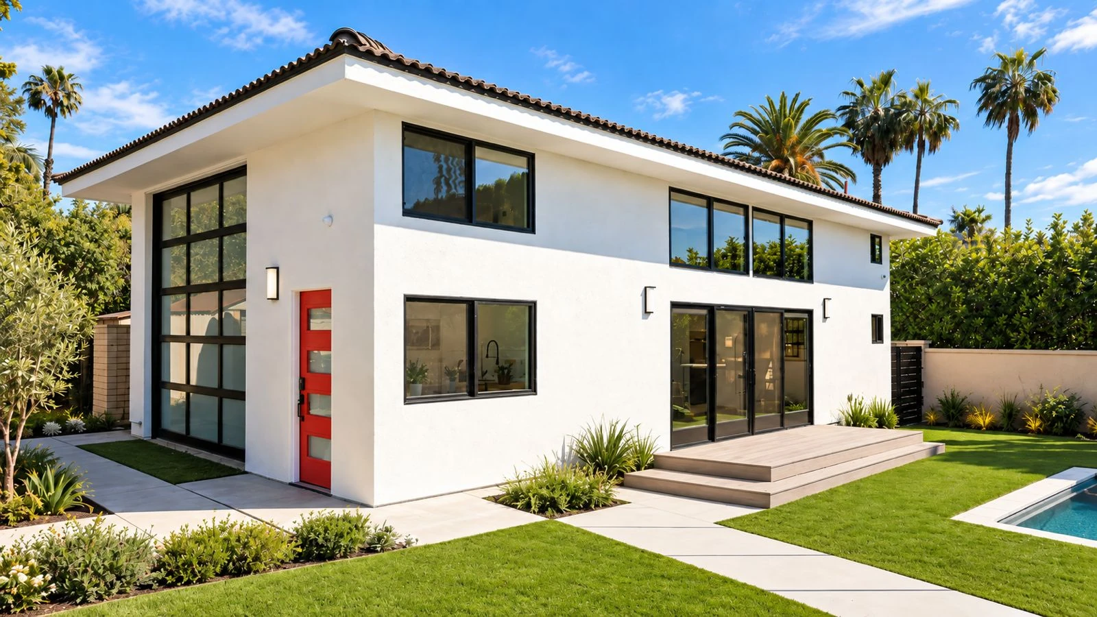 Two-story detached ADU, Santa Ana Hills — full exterior with the red entry door and pool, Avorino