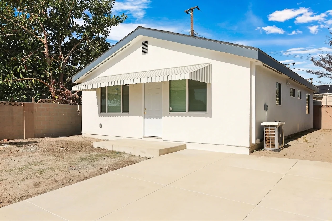 Detached ADU — ground-up build, front elevation, Buena Park, Avorino
