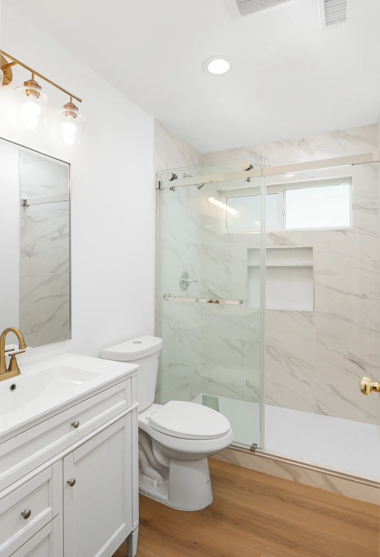 Detached ADU — bath with marble-look shower and gold fixtures, Buena Park, Avorino