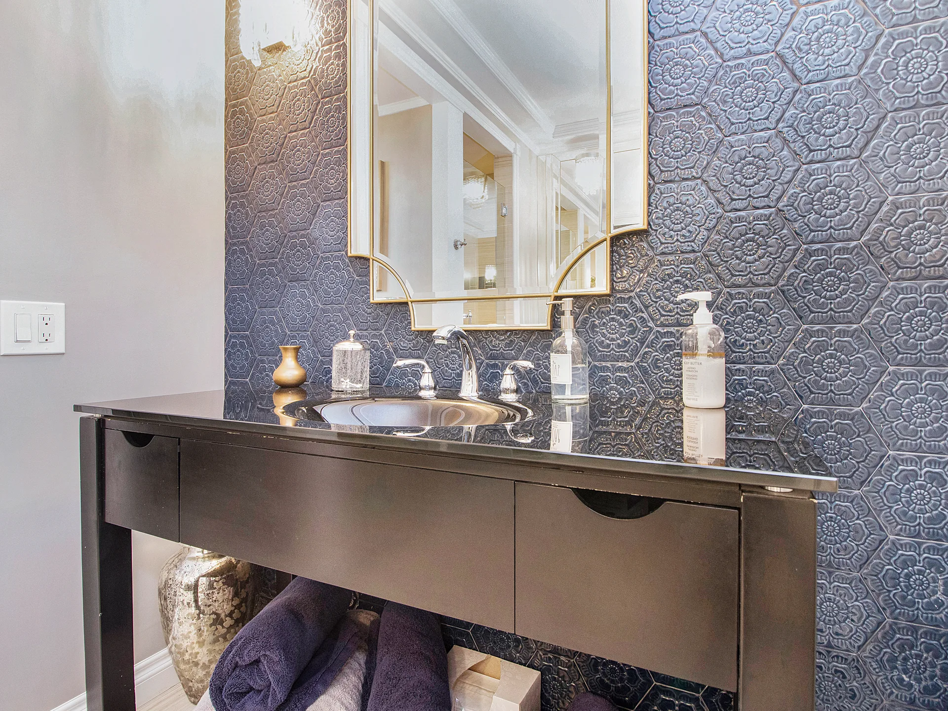 Primary bath remodel — vanity detail with navy hexagon accent tile, Mission Viejo, Avorino