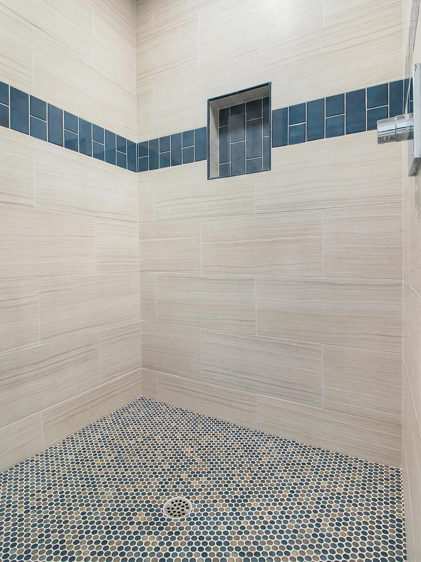 Primary bath remodel — shower niche and penny-tile floor, Mission Viejo, Avorino