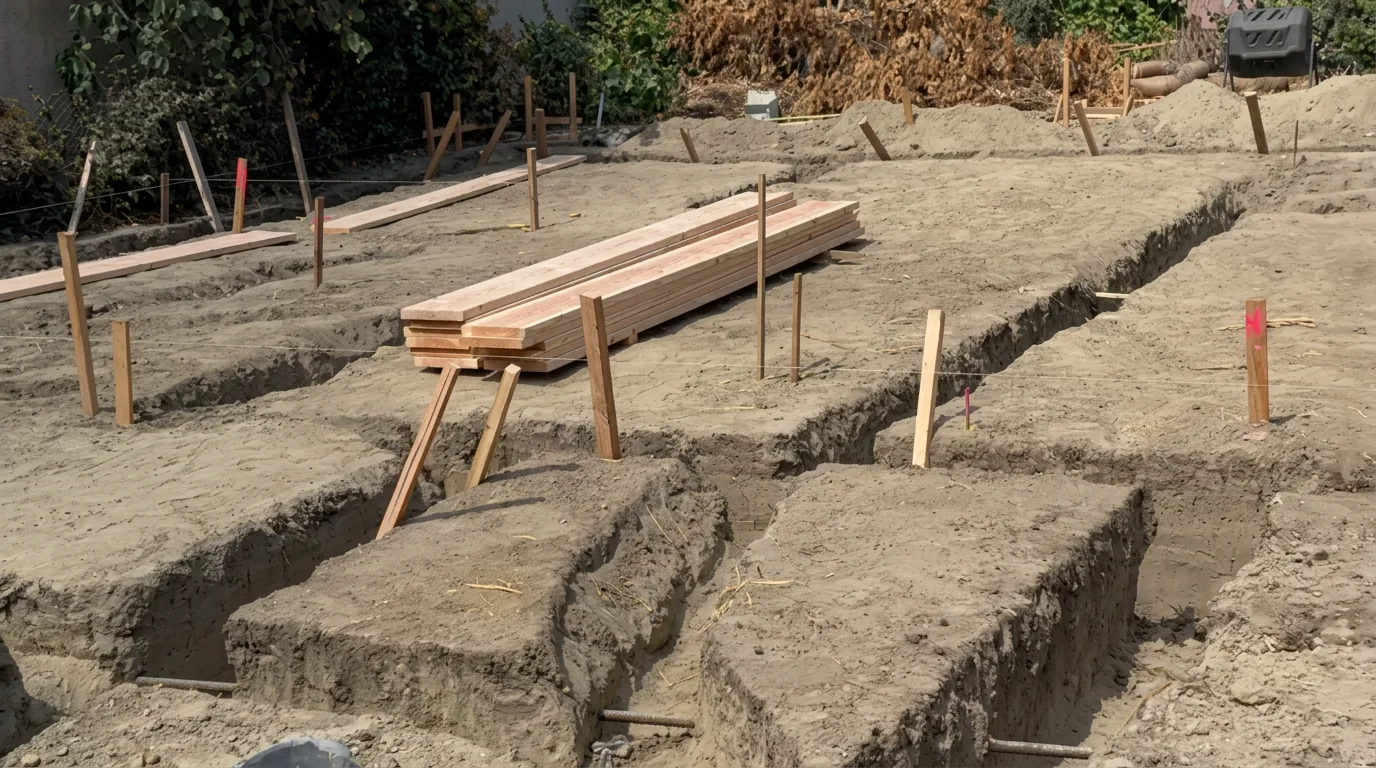 Pool house under construction — foundation forms and trenching, San Juan Capistrano, Avorino