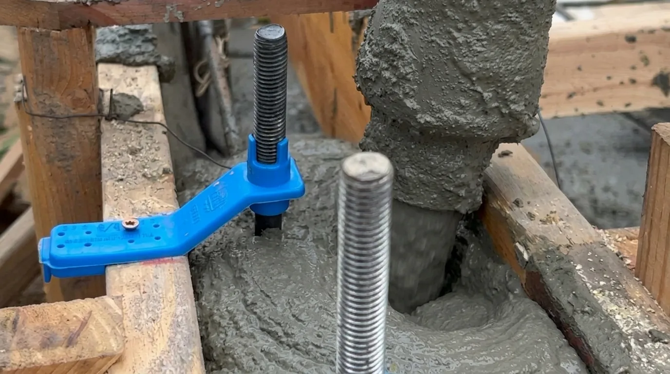 Pool house under construction — anchor bolt set in fresh concrete, San Juan Capistrano, Avorino