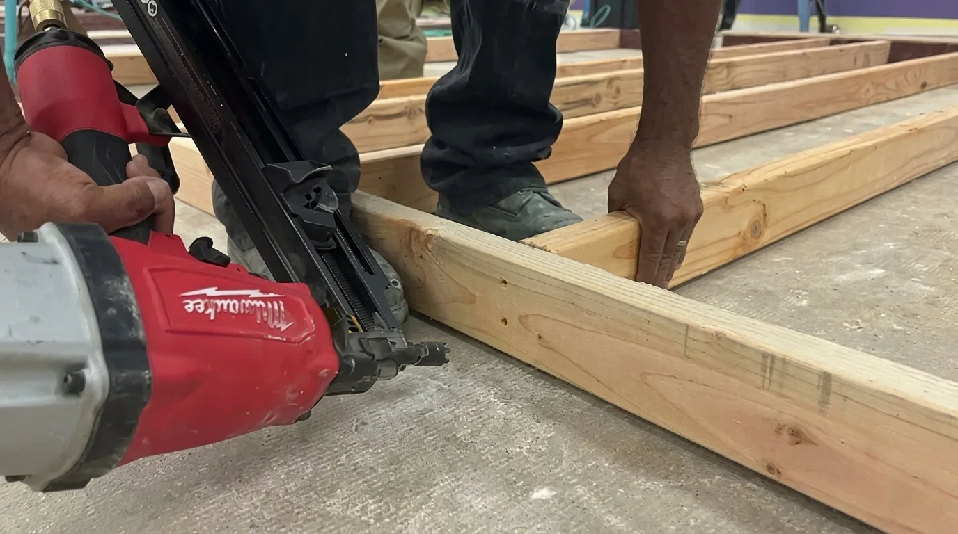 Pool house under construction — framing crew nailing joists, San Juan Capistrano, Avorino