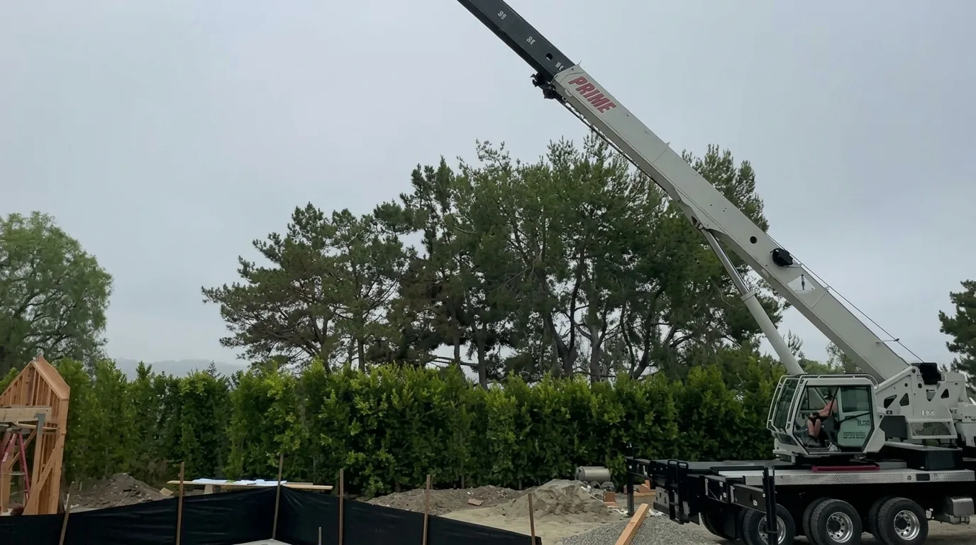 Pool house under construction — crane on site as the walls go up beside the pool, San Juan Capistrano, Avorino