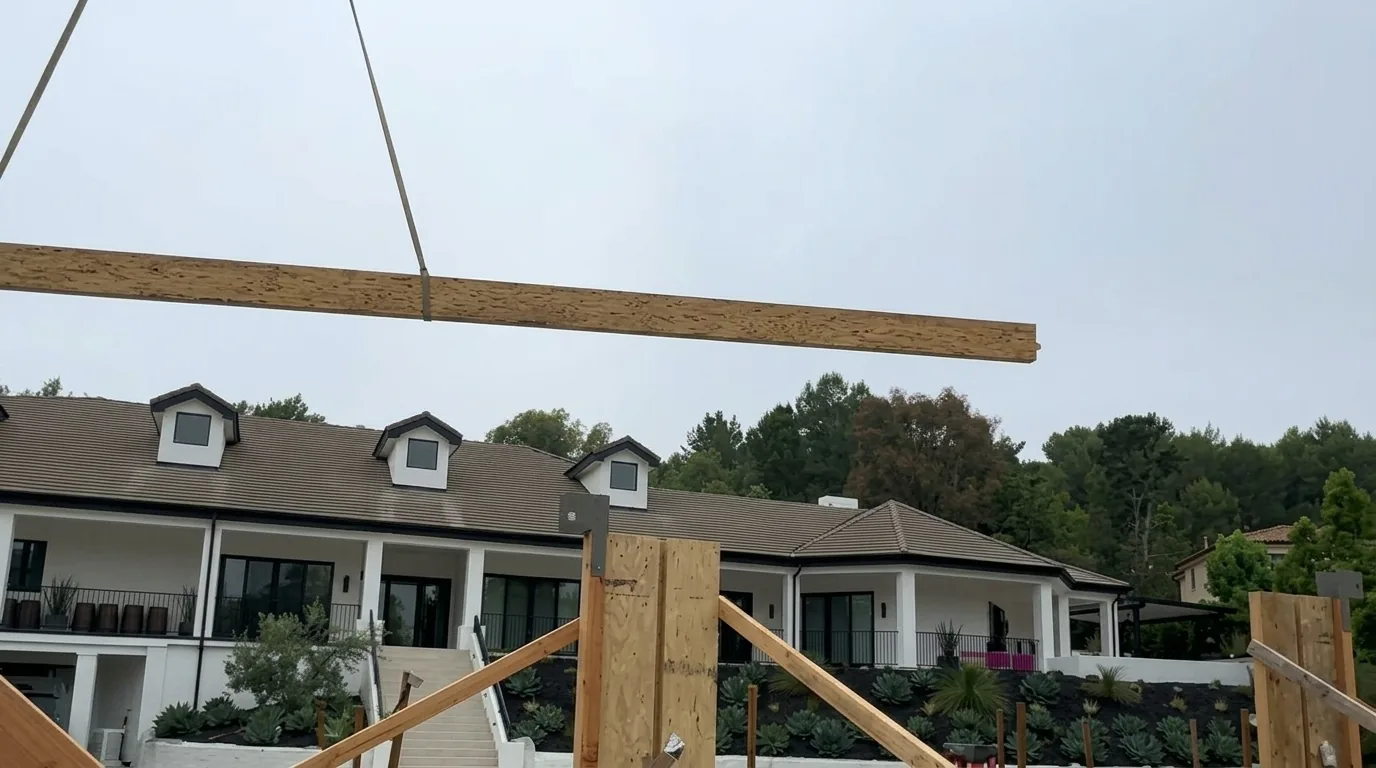 Pool house under construction — glulam ridge beam craned into place, San Juan Capistrano, Avorino