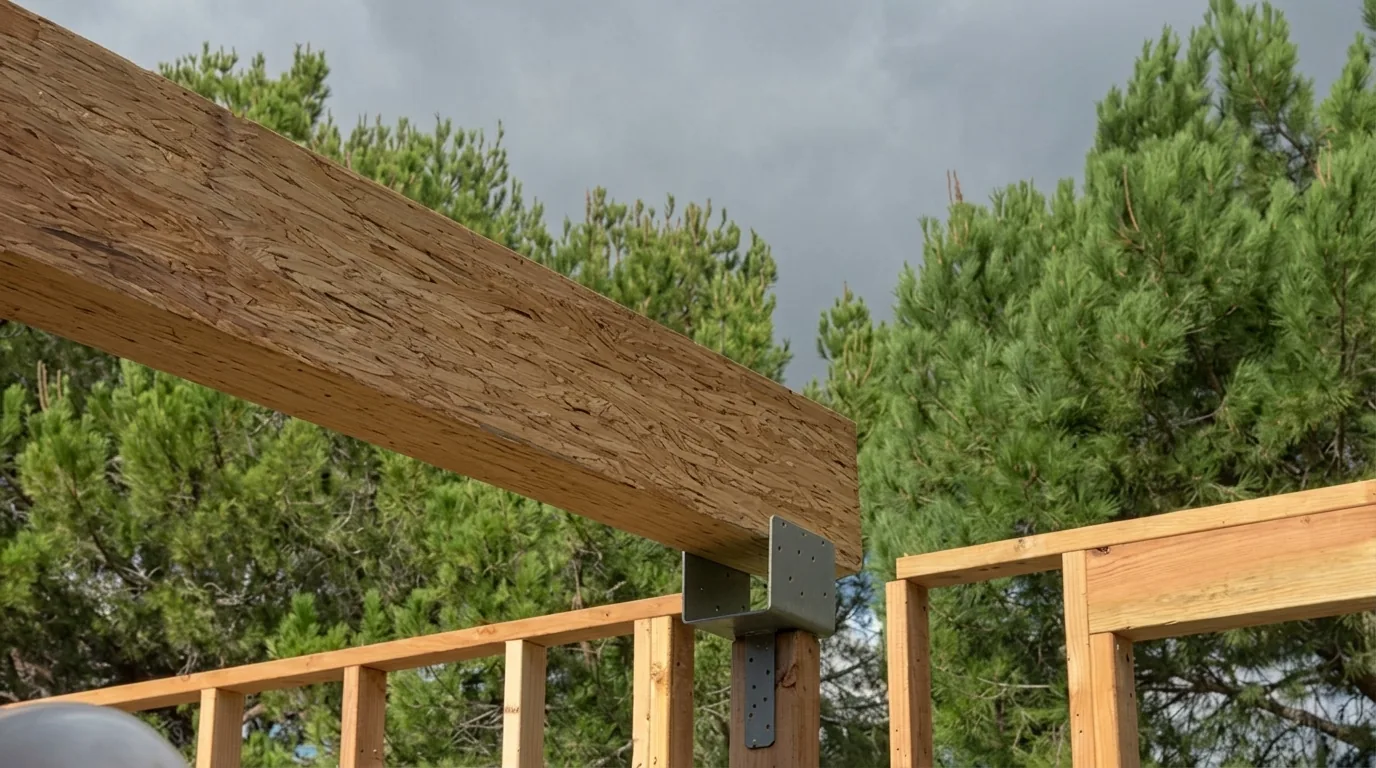 Pool house under construction — ridge beam set on the framed walls, San Juan Capistrano, Avorino