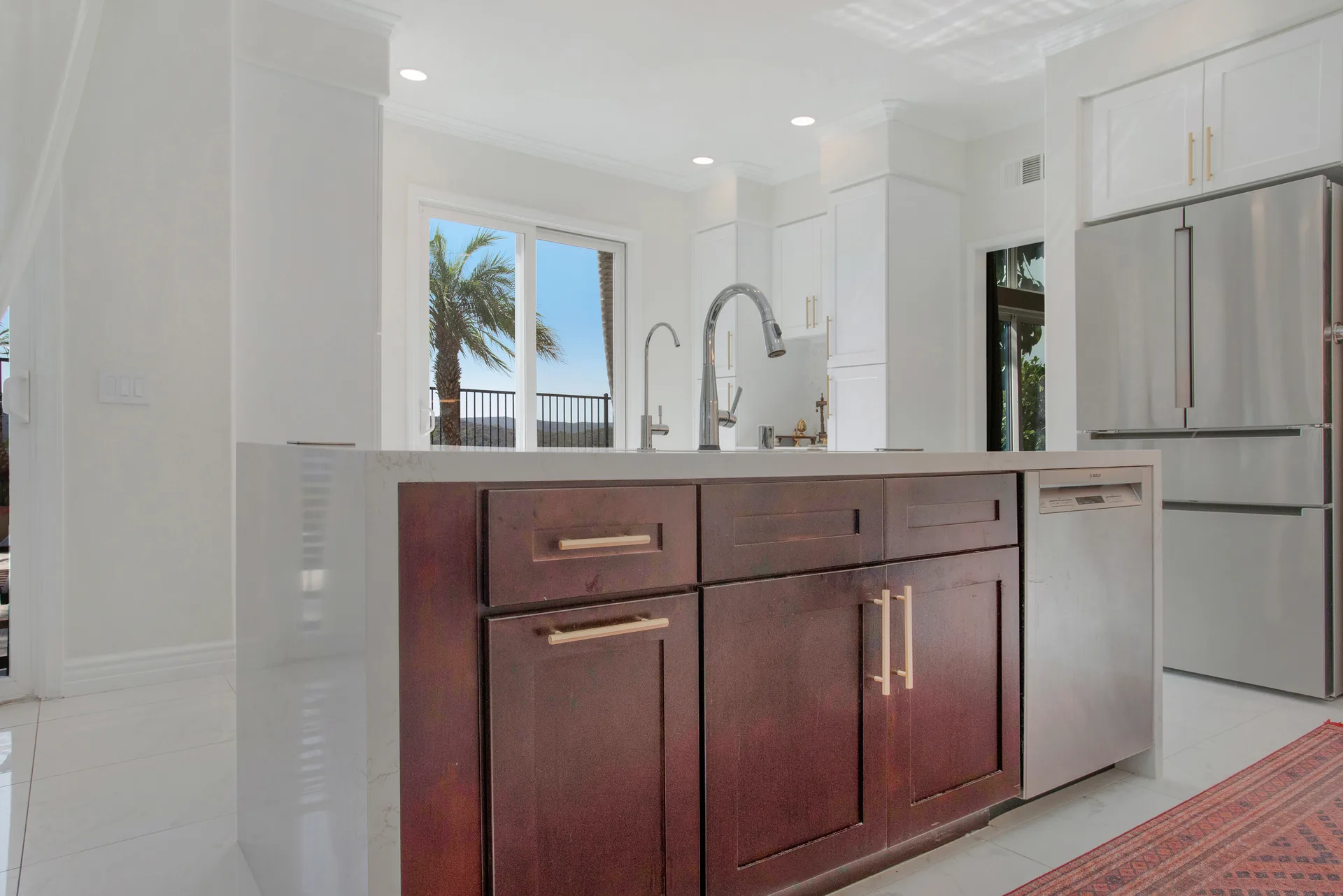 Custom home — cherry-cabinet island with stainless fridge, Aliso Viejo, Avorino